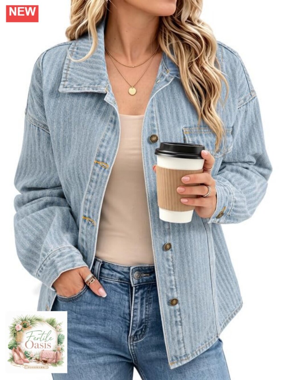 Women's Striped Denim Shacket Button Down Cotton Blend Jacket